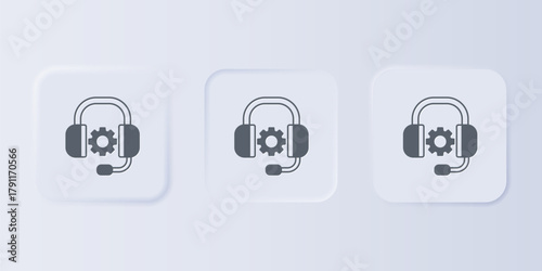 Grey Headphones icon isolated on grey background. Support customer service, hotline, call center, faq, maintenance. Set icons in square buttons. Vector