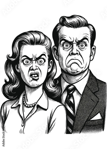 Engraving of Retro Angry Couple Making Funny Faces