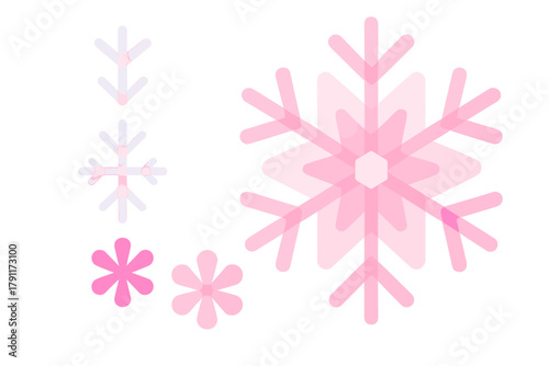 Colorful snowflakes and flowers in soft pink shades create a cheerful winter scene with a light and playful feel