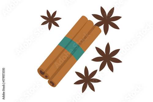 Cinnamon sticks with star anise on a white background showing a cozy kitchen feel