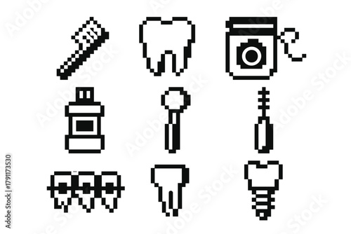 Collection of dental care icons including toothbrush, tooth, and dental tools in a pixel art style