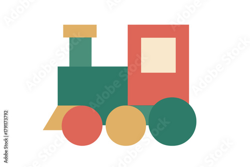 Colorful toy train illustration featuring simple geometric shapes and bright colors for children's decor or educational materials