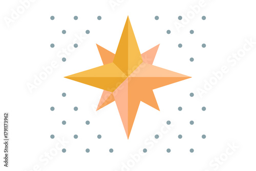 Bright geometric star shape with rays shining against a dotted background