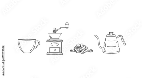 Illustration of coffee cup grinder beans and kettle in black outline