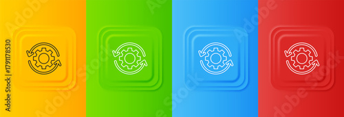 White Gear and arrows as workflow concept icon isolated on colorful background. Gear reload sign. Set icons in square buttons. Vector