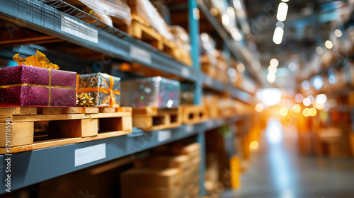 Wallpaper Mural Large warehouse of Christmas gifts faceless storage facility defocused massive inventory background sale and delivery operation holiday goods logistics seasonal distribution Torontodigital.ca