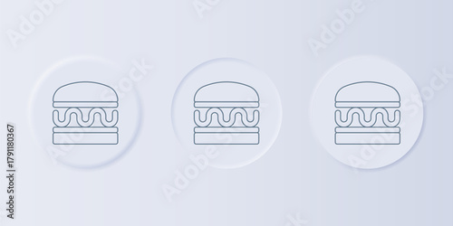 Grey Burger icon isolated on grey background. Hamburger icon. Cheeseburger sandwich sign. Fast food menu. Set icons in square buttons. Vector