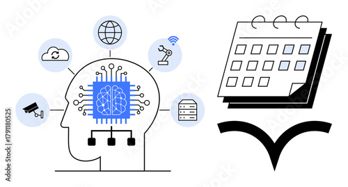 Human head with neural network connects to technology icons thumbs up cloud, robot, and server contrasts structured calendar. Ideal for AI, machine learning, automation, planning, technology, future