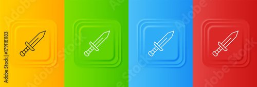 White Sword icon isolated on colorful background. Medieval weapon. Set icons in square buttons. Vector