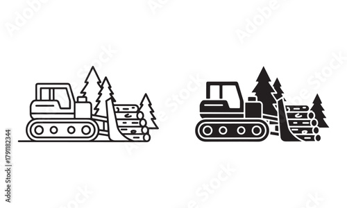 Illegal Logging Icons in thin line and filled. Bulldozer pushing trees Vector