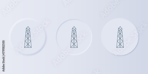 Grey Oil rig with fire icon isolated on grey background. Gas tower. Industrial object. Set icons in square buttons. Vector