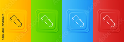 White Police electric shocker icon isolated on colorful background. Shocker for protection. Taser is an electric weapon. Set icons in square buttons. Vector