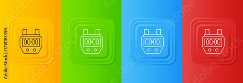 White Stopwatch icon isolated on colorful background. Time timer sign. Chronometer sign. Set icons in square buttons. Vector