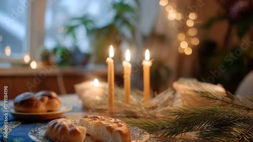 Cozy Orthodox Christmas home scene with family, candles, and traditional decor.