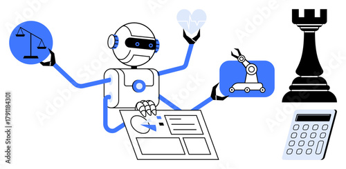 Robot with multiple arms holding scales, a heart, robotic machinery, and chess rook, analyzing data on a touchscreen. Ideal for technology, multitasking, AI innovation, decision-making healthcare