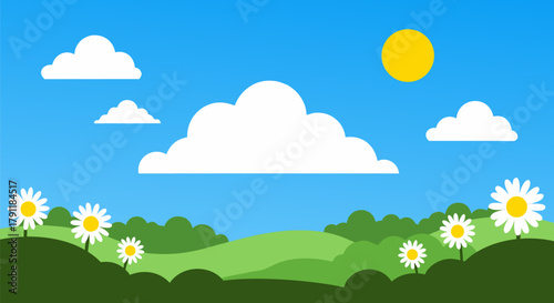 Vibrant flat design spring landscape illustration with green hills, clouds, sun, and blooming daisy flowers under a blue sky