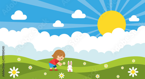 Cheerful flat vector illustration of a happy young child meeting a friendly white rabbit in a sunlit green meadow with blooming flowers and blue sky