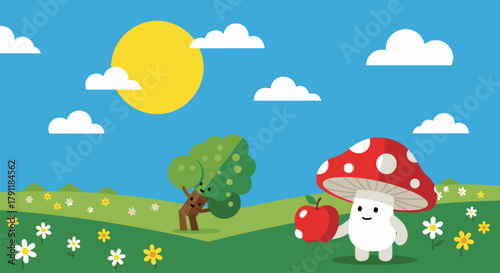 Cute Cartoon Mushroom Character Holding Red Apple in Sunny Meadow with Flowers and Tree Illustration