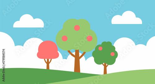 Vibrant illustration of a serene landscape with rolling hills, fluffy clouds, and stylized trees bearing fruit under a clear blue sky, evoking a sense of natural beauty and tranquility