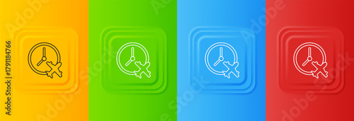 White Clock with airplane icon isolated on colorful background. Designation of time before departure, check-in for flight and arrival time symbol. Set icons in square buttons. Vector