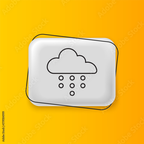 Black Cloud with rain icon isolated on yellow background. Rain cloud precipitation with rain drops. Silver rectangle button. Vector