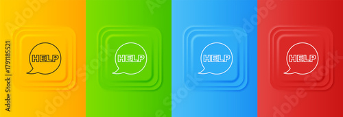 White Speech bubble with text Help icon isolated on colorful background. Set icons in square buttons. Vector