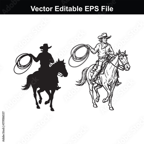 Silhouette and line art of a cowboy with lasso on horseback