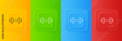 White Dumbbell icon isolated on colorful background. Muscle lifting, fitness barbell, sports equipment. Set icons in square buttons. Vector