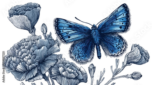 Elegant Butterfly and Blue Flowers with Butterfly Text Drawing