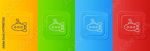 White Submarine toy icon isolated on colorful background. Set icons in square buttons. Vector