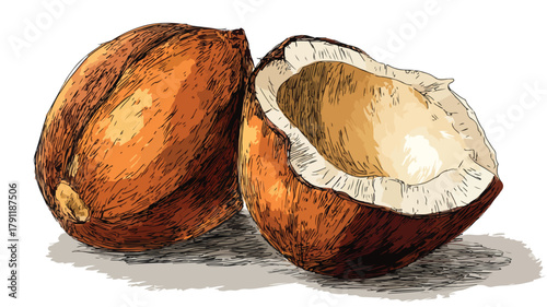 Detailed Drawing of Coconut Half with Interior View - Natural Organic Illustration