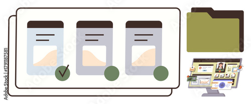 Three documents with selection checkmarks, a folder, and a desktop monitor displaying organized digital files. Ideal for productivity, workflow, record management, digital tools, teamwork, task