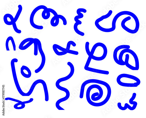 playful assortment of blue doodles creates a visually engaging abstract composition. The variety of shapes and lines invites the viewer to explore and interpret the artwork.