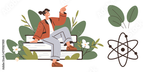 Woman seated on stacked books pointing upwards, surrounded by greenery and atomic model. Ideal for education, science, innovation, environment, growth, inspiration, personal development themes