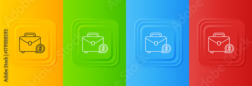 White Briefcase and money icon isolated on colorful background. Business case sign. Business portfolio. Set icons in square buttons. Vector