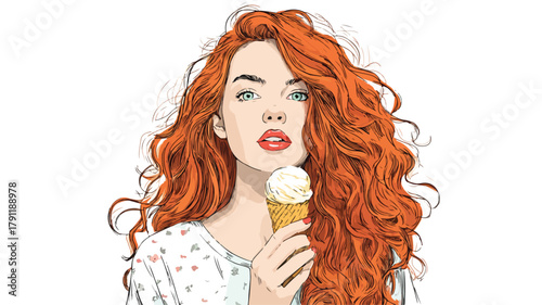 Red-haired girl holding ice cream cone vector illustration