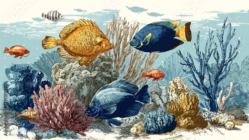 Vibrant Painting of Fish and Corals in Blue Water Background