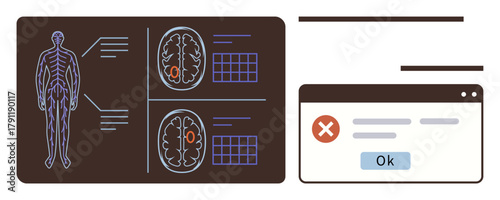 Human anatomy diagram and brain scans paired with an error notification window. Ideal for healthcare, diagnostics, data analysis, medical technology, systems failure, error handling, simple flat