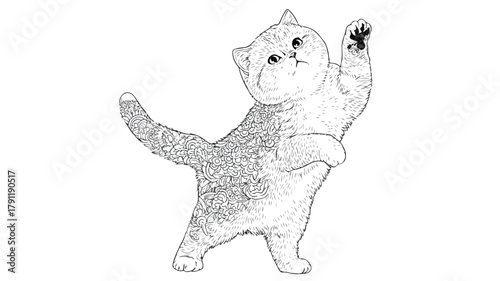 Adorable Cat Dancing Coloring Page Vector Illustration