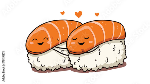 Cute Salmon Sushi Couple Hug Cartoon Vector Icon