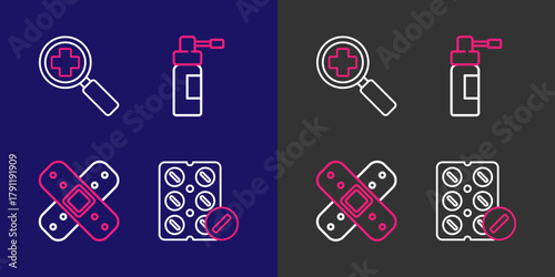 Set line Pills in blister pack, Crossed bandage plaster, Bottle with nozzle spray and Magnifying glass for search medical icon. Vector