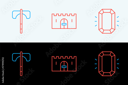 Set line Diamond, Medieval axe and castle gate icon. Vector