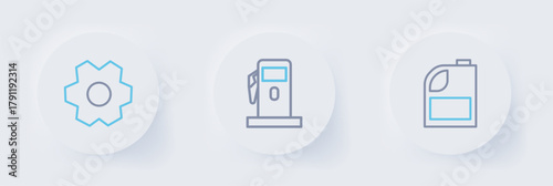 Set line Canister for motor machine oil, Petrol Gas station and Gear icon. Vector