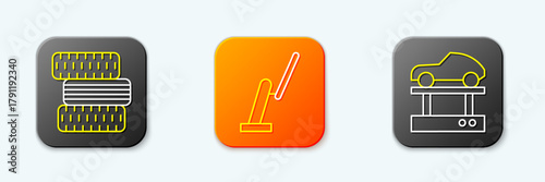 Set line Car tire wheel, Windscreen wiper and Repair car on lift icon. Vector