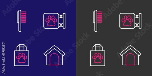 Set line Dog house, Shopping bag pet, Veterinary clinic and Pets vial medical icon. Vector