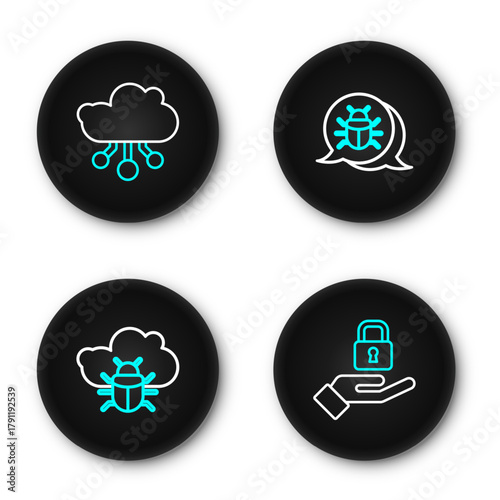 Set line Lock in hand, System bug on cloud, and Internet of things icon. Vector
