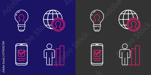 Set line Productive human, Smartphone, Globe and people and Head with lamp bulb icon. Vector