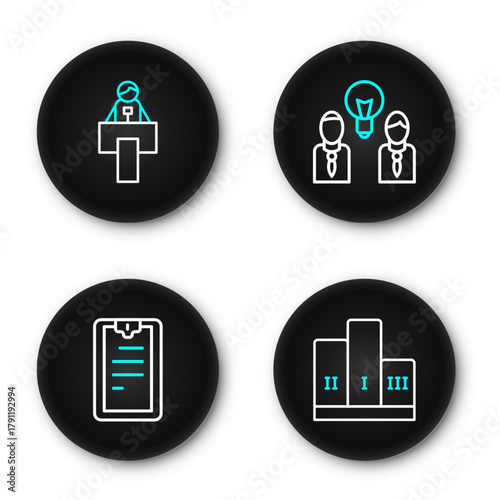 Set line Award over winner podium, Clipboard with checklist, People lamp bulb and Stage stand or tribune icon. Vector