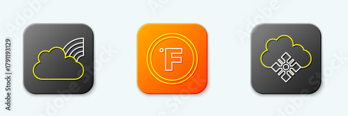 Set line Rainbow with clouds, Fahrenheit and Cloud snow icon. Vector