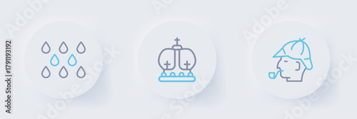Set line Sherlock Holmes, British crown and Water drop icon. Vector